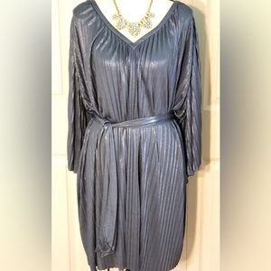 Halston Heritage blue shimmering belted pleated cocktail dress SZ 10